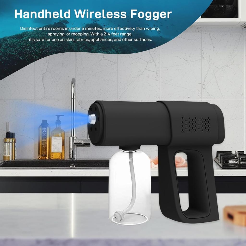 Professional Disinfectant Fogger Machine, 380ml Wireless Fine Particle Sprayer Gun Handheld Sanitizer Fogger, Blue Light Foggers for Touchless