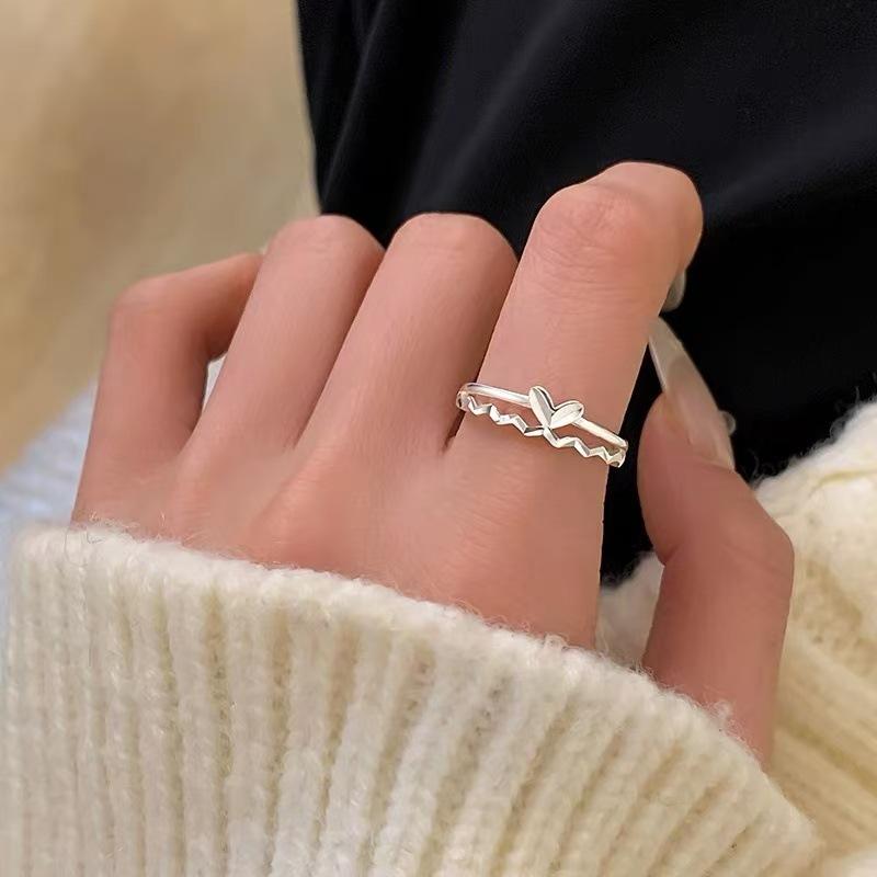 

Sweet Y2K Heart Silver Color Rings for Women Men New Trendy Romantic Double Layer Adjustable Opening Rings Jewelry Accessories