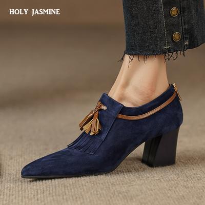 2024 Frühling Damenschuhe Spitzzehen Blockabsatz Damenpumps Schafveloursleder High Heels Gürtelschnalle Schuhe für Frauen zapatos de mujer