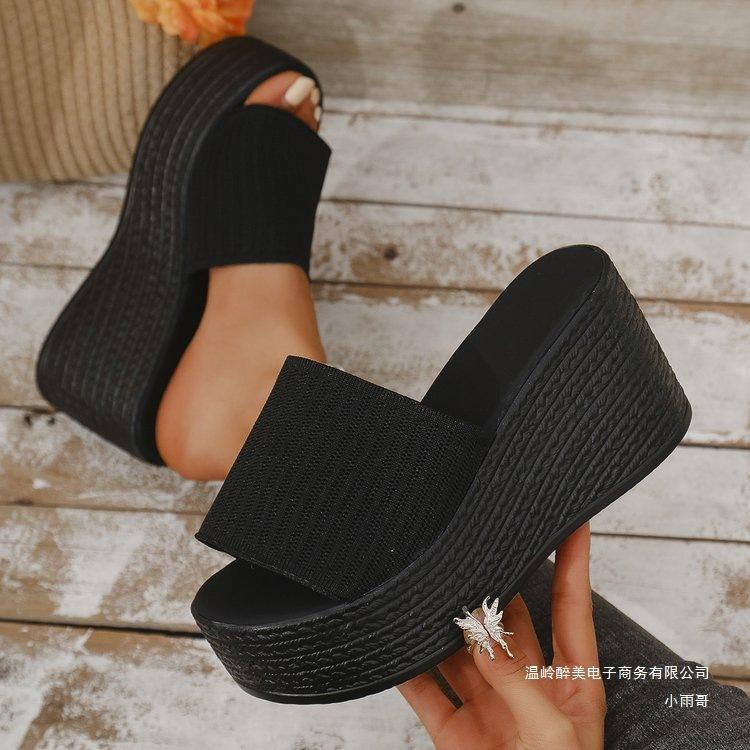 2025 summer new large size solid color wedge heel one-word slippers women wear thick-soled knitted mesh wedge heel cool slippers