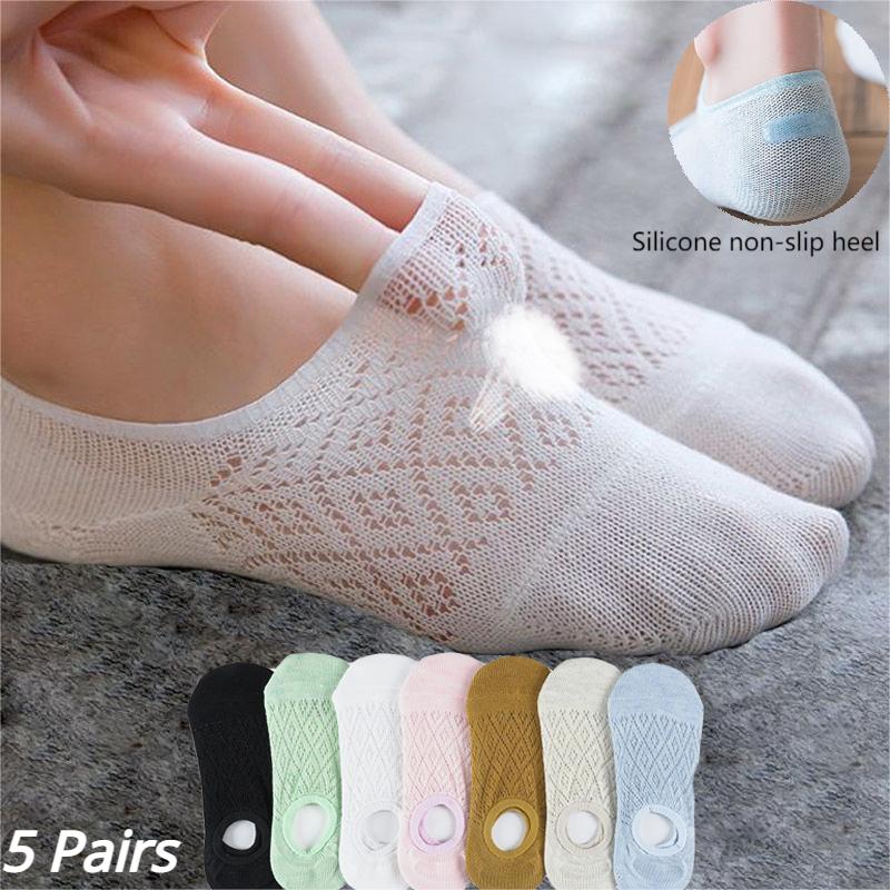 5 Pairs Summer Women's Mesh Cotton Socks Solid Color Silicone Invisible Boat Socks Silicone Non-slip Ankle Socks Deodorant Antibacterial Socks