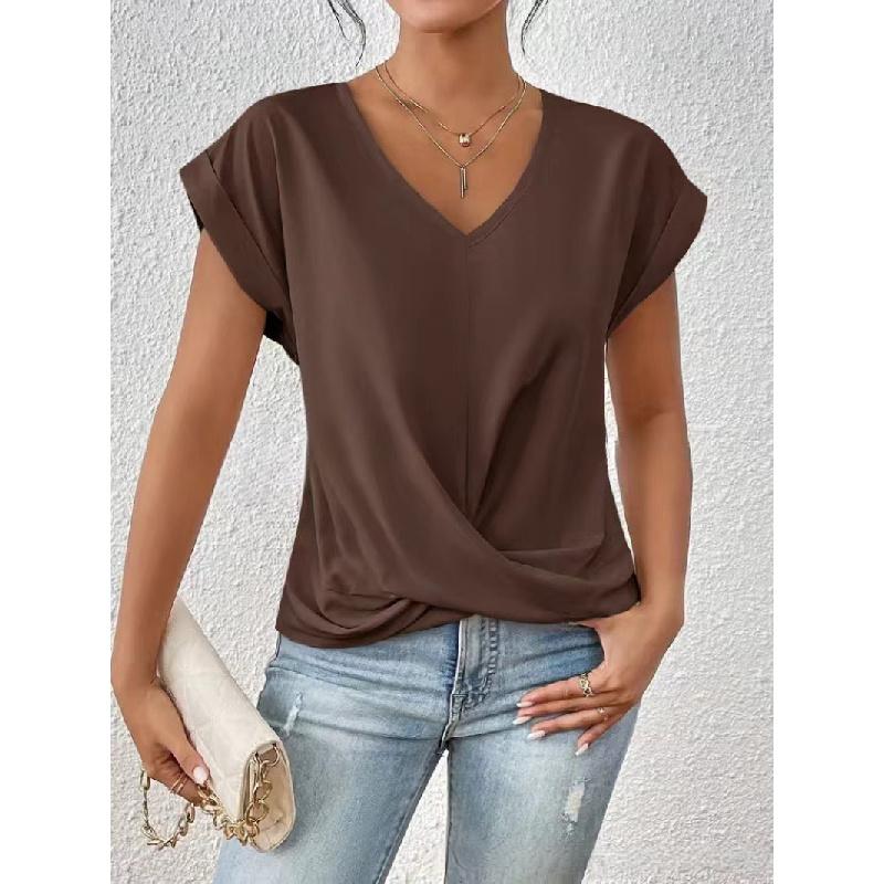 2026 Summer Women's Solid Color V-Neck T-Shirt Casual Breathable Short Sleeve