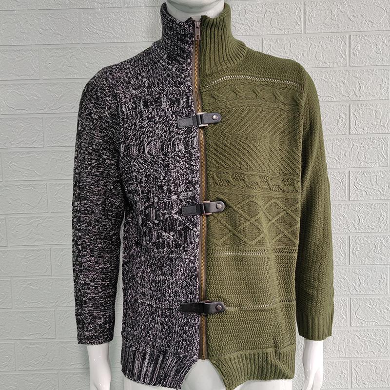 Men's Plus Size Color Block Buckle Knit Cardigan - High-Neck Long Sleeve Sweater for Autumn/Winter