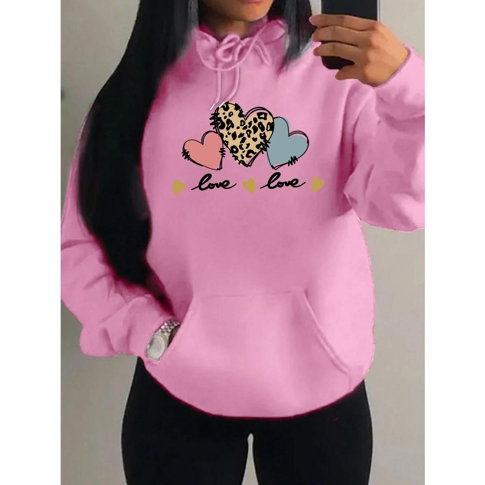 Pink Leopard Print Heart Combination Printing Women Hoody Loose Hip Hop Hoodie Casual Fleece Sportswear Y2K Hoodies