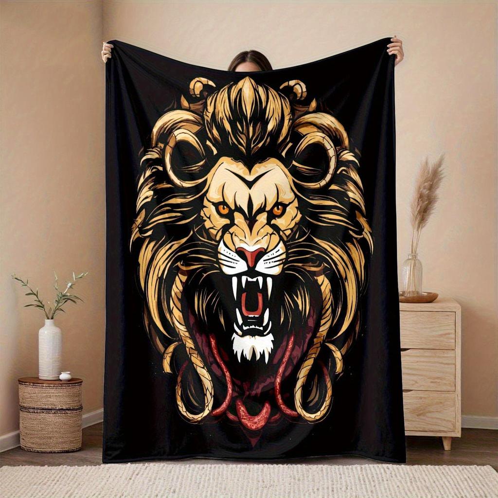 Lion Roaring Design Pattern Flannel printed blanket suitable for all seasons suitable for living room office sofa and travel
