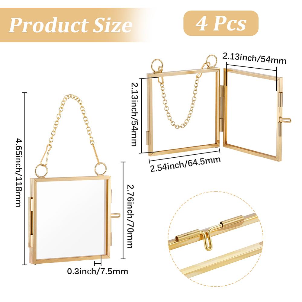 4Pcs Wall Hanging Brass Double Folding Picture Frames, with Glass Window, for Home Decoration, Golden, Square, 118mm