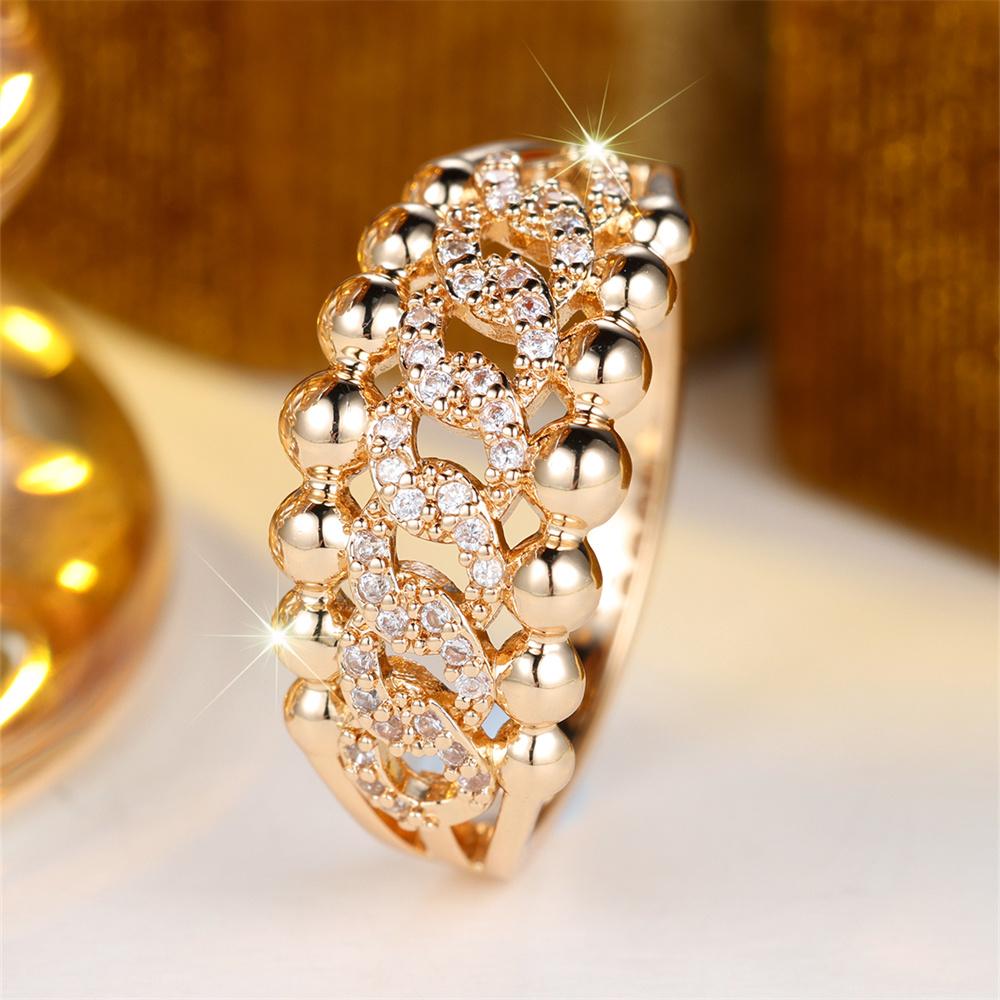 White Zircon Hollow Chains Small Round Beads Rings For Women Vintage Fashion Gold Color Ring Wedding Jewelry Mother's Day Gifts