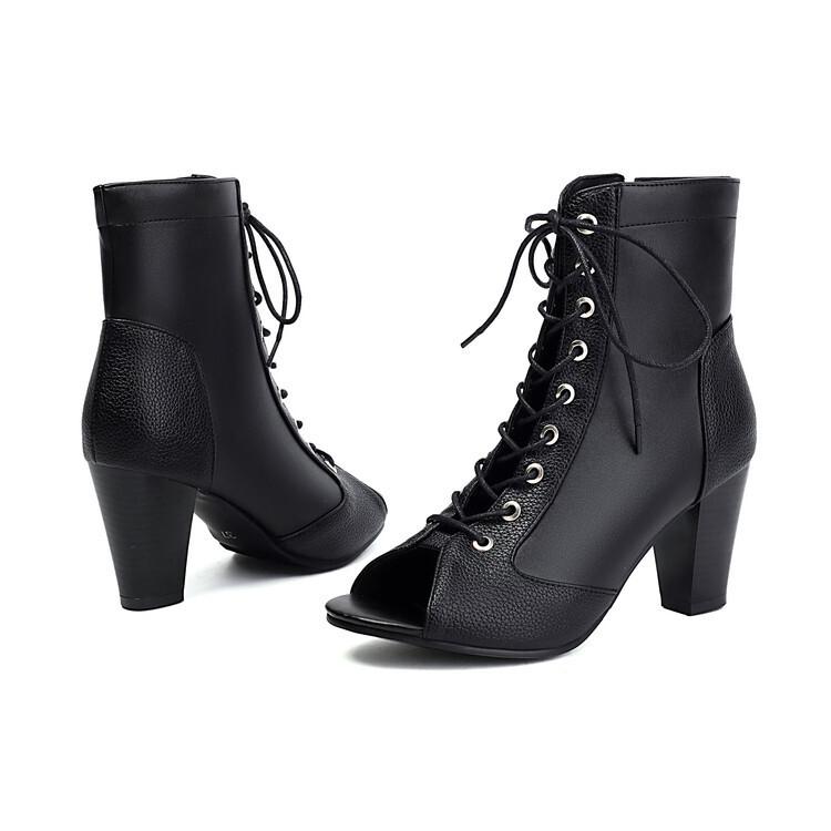 Jazz European and American lace-up fish mouth cool boots  spring and summer hollow short boots thin heels high heels dancing sandals large size