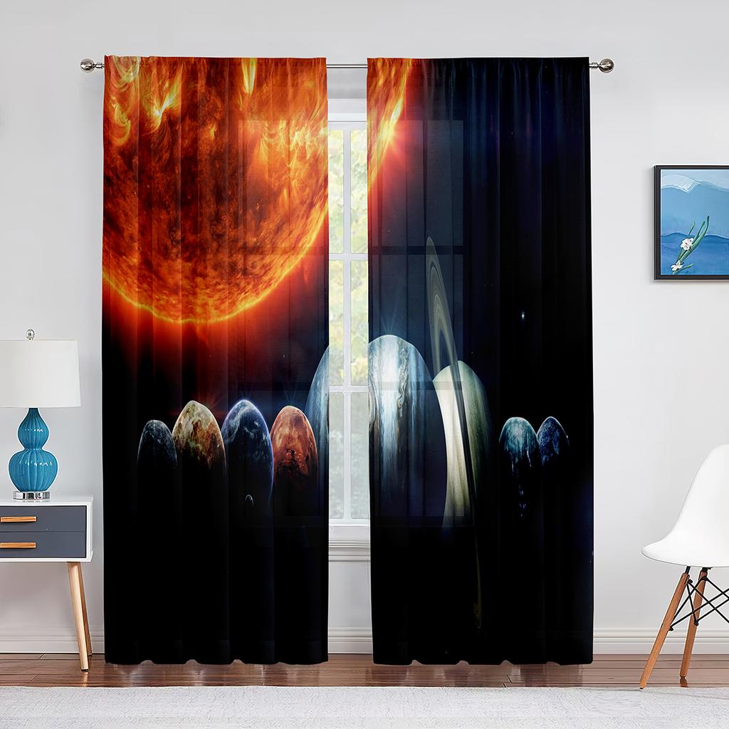 Solar System Outer Space Sheer Voile Curtain for Living Room Bedroom Decor Planet Galaxy Glitter Fantasy Window Tulle Curtains