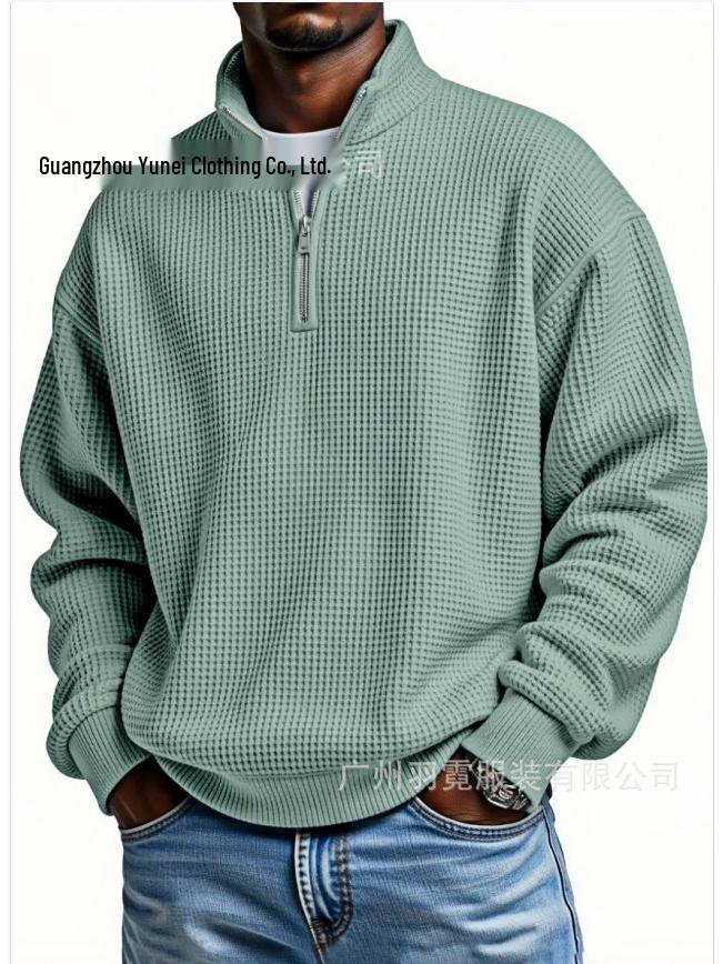 Men's European Style Waffle Knit High Collar Half-Zip Hoodie
