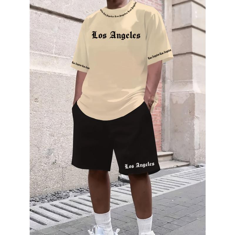 Los Angeles English Letter Pattern Men's Short Sleeved and Shorts Casual Sports Suit