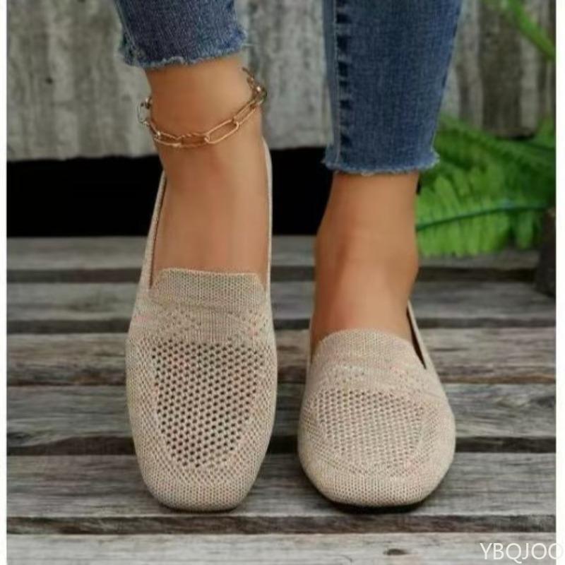 Fashion Flat bottomed shallow mouth casual shoes solid color square toe women's soft sole knitted casual simple comfortable single shoes