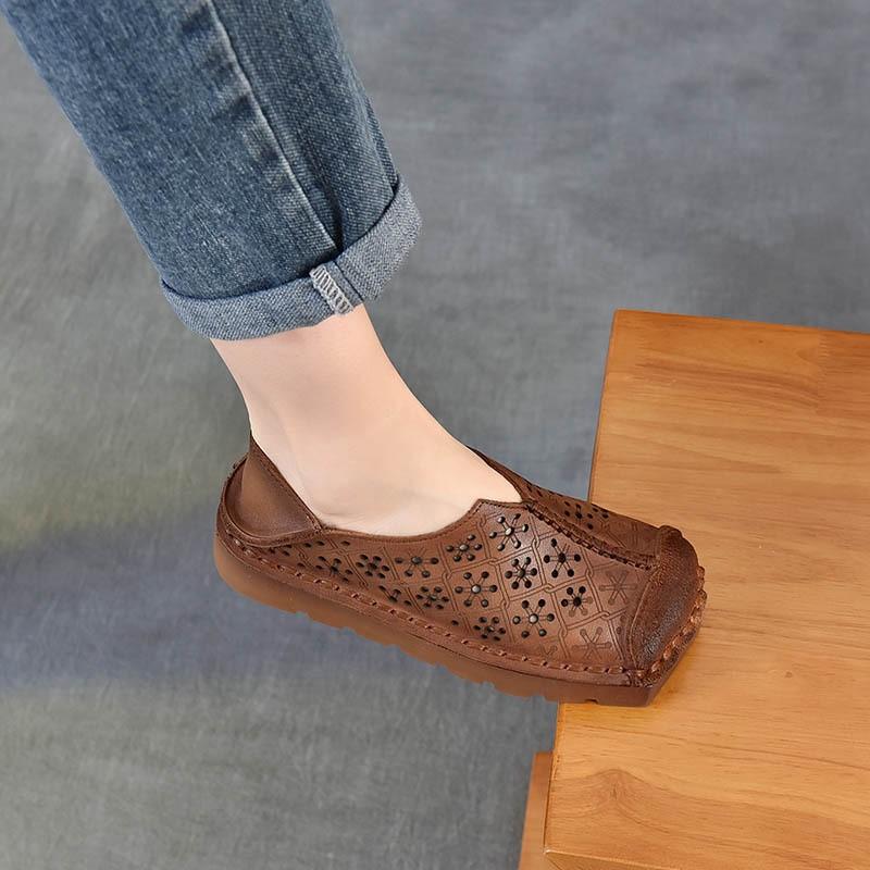 Johnature Hollow-out Breathable Flat Sandals Retro Genuine Leather Soft Soled Women's Slip-on Shoes