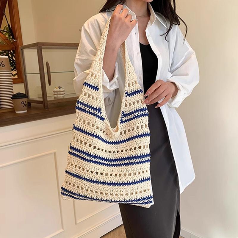 Chic Blue & White Striped Knit Crochet Shoulder Bag Versatile Large Capacity Hollow Out Casual Tote for Women Summer Beach Vacations AVE