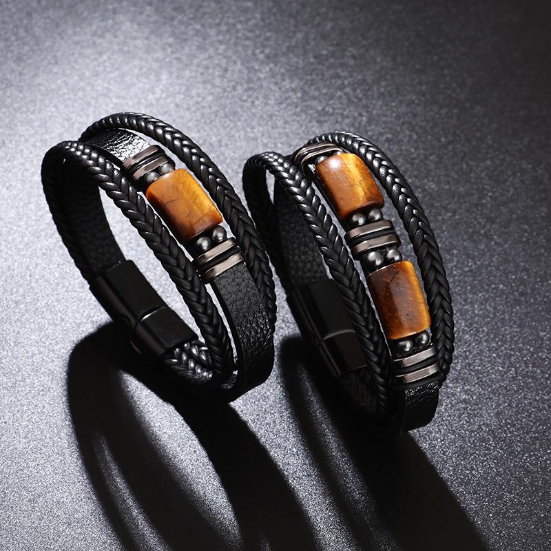 Men's Multilayer Leather & Tiger Eye Stone Beaded Bracelet with Magnetic Clasp