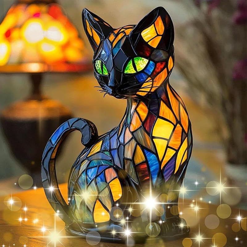 Cat Lamp, Resin Cat Lamp Stained Glass, Retro Cats Tabletop Night Light, Animal Table Lamps Series, Small 3D Cute Pet LED Table Lamps, Gift for Cats