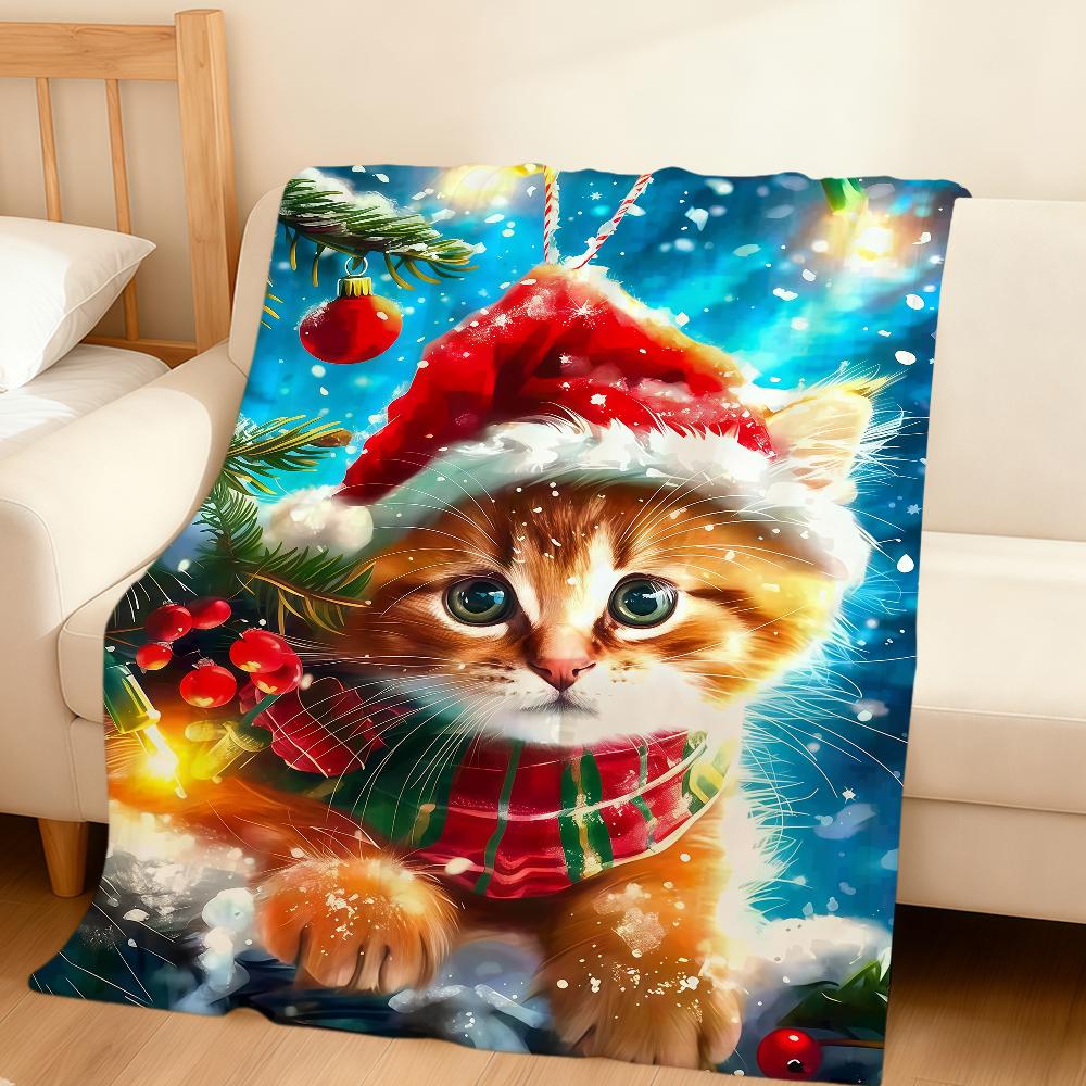 Cute fashion winter Christmas cat art Flannel soft warm plush blanket sofa living room pet hogar bedroom gift home Car portable