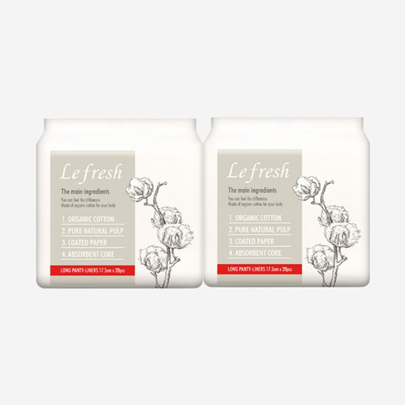 Lefresh Organic 100% Cotton Cover Long Panty Liners, 2 Packs (40 Sheets) Long panty liners 20 sheets X 2 packs