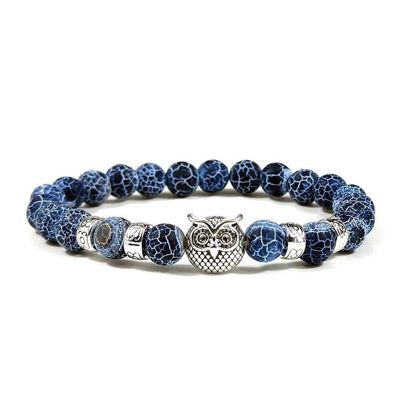 European & American Volcanic Stone Bracelet with Tiger Eye, Blue Turquoise Beads, and Owl Alloy Charm