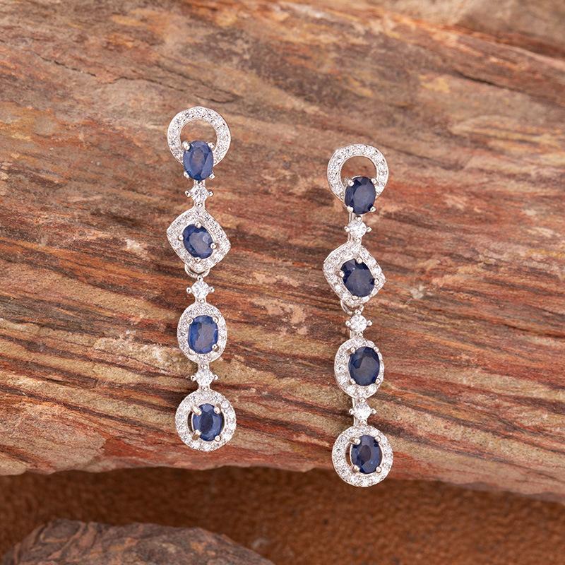 Natural Gemstone Sapphire Stud Earrings Women'S S925 Sterling Silver Colored Treasure Earrings And Ear Jewelry