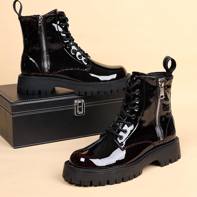 Fashion Men Fashion Stage Nightclub Patent Leather Boots Lace-up Platform Shoes Cowboy Spring Autumn Boot Cool High Motorcycle Botas Man