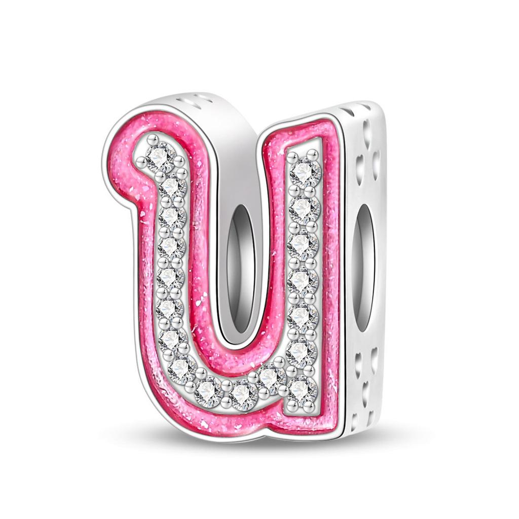 New Shining Barbie Pink 26 A-Z English Letters Fine Copper Charm Fit Beads Fit For Original Bracelets Diy Fashion Jewelry