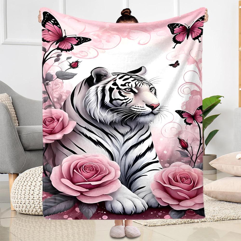 Tiger And Roses Blanket Suitable for Offices, Travel, Living Rooms Also a Good Gift for Friends and Family Suitable for All Seasons.