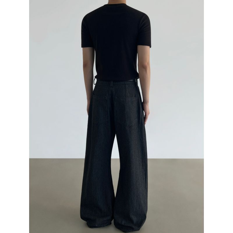 Blaexit Retro Vintage Style Original Cowhide Color Three-Pleat Striped Dress Pants Men's Casual Drape Wide-Leg A-Line Jeans