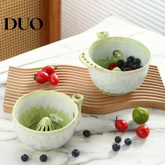 Small Fruit Strainer Ceramic Berry Washing Bowl, Swirl Design Rinse Colander with Handle Easy Clean Container And Drain Holes, Cleaning Bowl