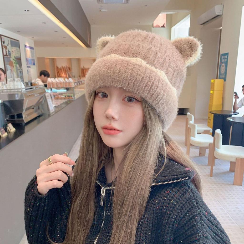 Knitted Plush Hat Women's Autumn and Winter Furry Thickened Warm Fisherman Hat Cute Face Showing Small Wool Hat New Style