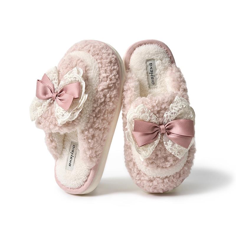Lace bow plush slippers autumn and winter new home non-slip warm advanced sense can be worn outside thick-soled cotton slippers