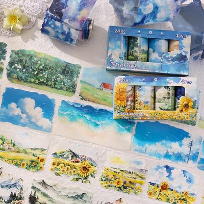 4Rolls/ 200cm PET Washi Tape Flower Scenery Decorative for Plant Flower Lovers Diary Aesthetic Stationery Stickers