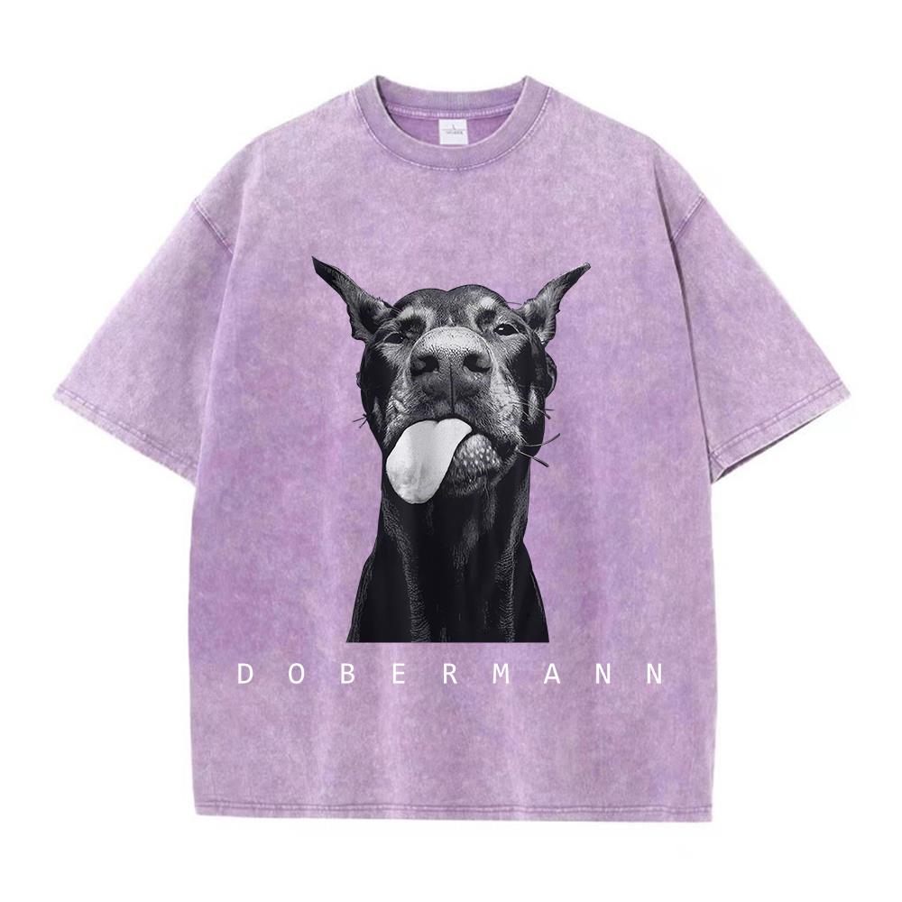 Womans Cotton Washed TShirts Fashion Creativity Doberman Printing Short Sleeve ONeck Loose Distressed Street Female Clothes