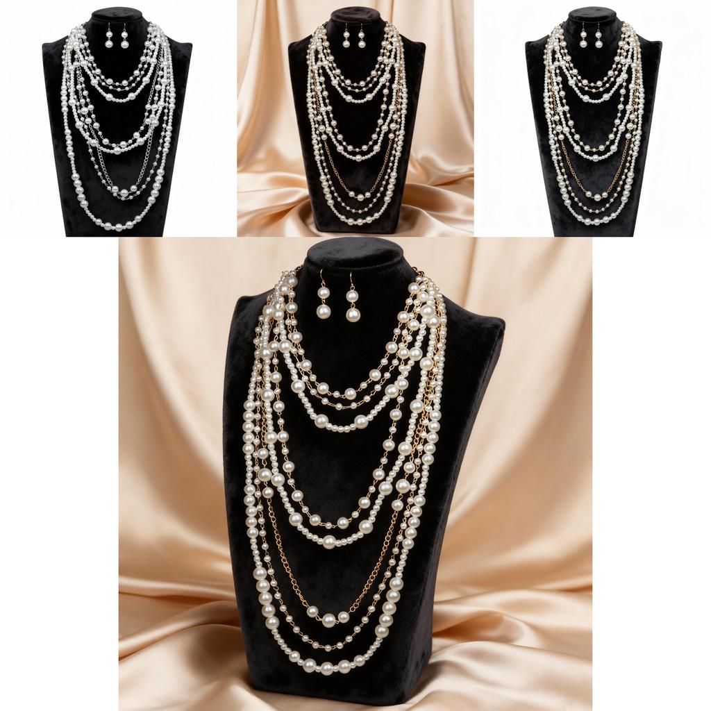 European Style Multilayer Pearl Necklace And Earring Set With Geometric Pendant For Women