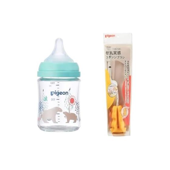 PIGEON Breastfeeding experience baby bottle Bear Bear 160ml 0 months ~ Heat-resistant glass light blue + Pigeon Breastfeeding experience sponge brush