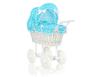 Hoge rieten poppenwagen met turkooizen beddengoed en voering - wit