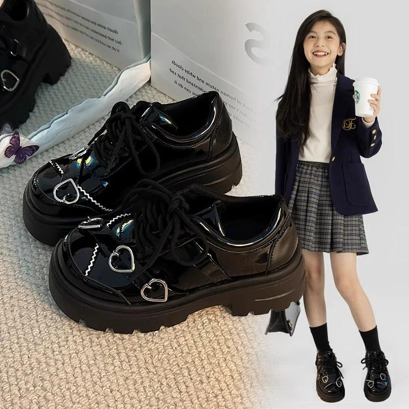 Youth style shoes Girls Black PU Leather School Shoes Fall Kids Formal Occasion Slip-On Style With Rubber Sole