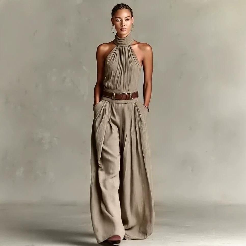 Conjunto de dos piezas de primavera y otoño transfronterizo: top sin mangas con cuello halter plisado y pantalones anchos holgados