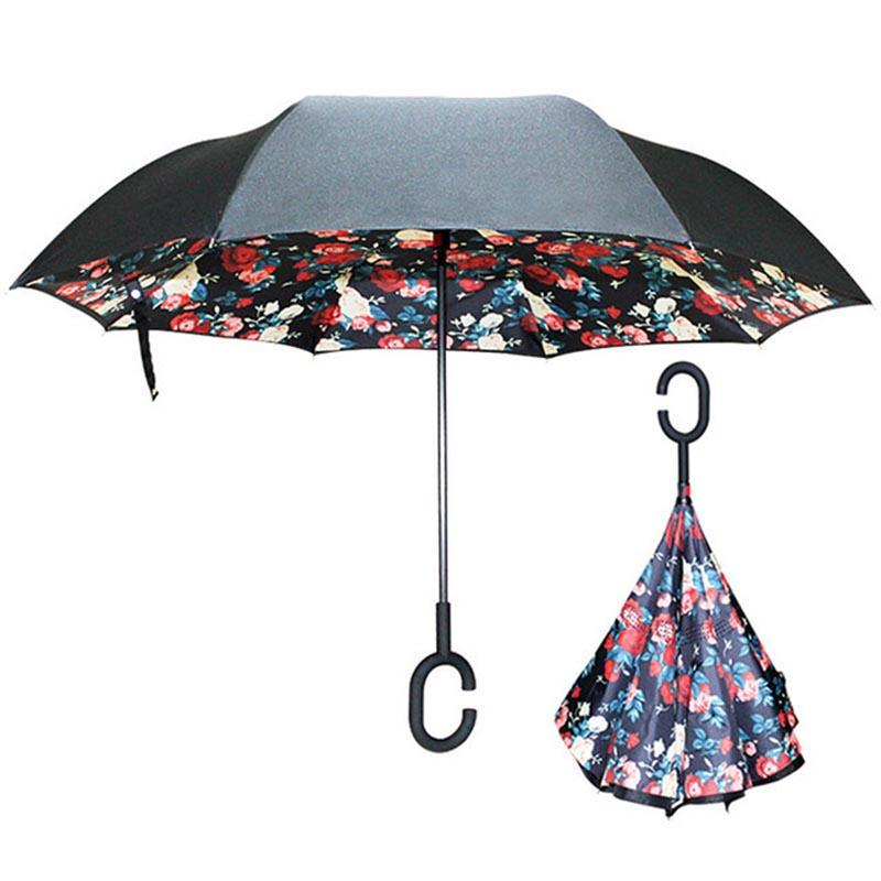 JPZYLFKZL Free Style Creative Long Shank Double Layer Inverted Umbrella Windproof Reverse C-Hook Male Golf Umbrella Reverse