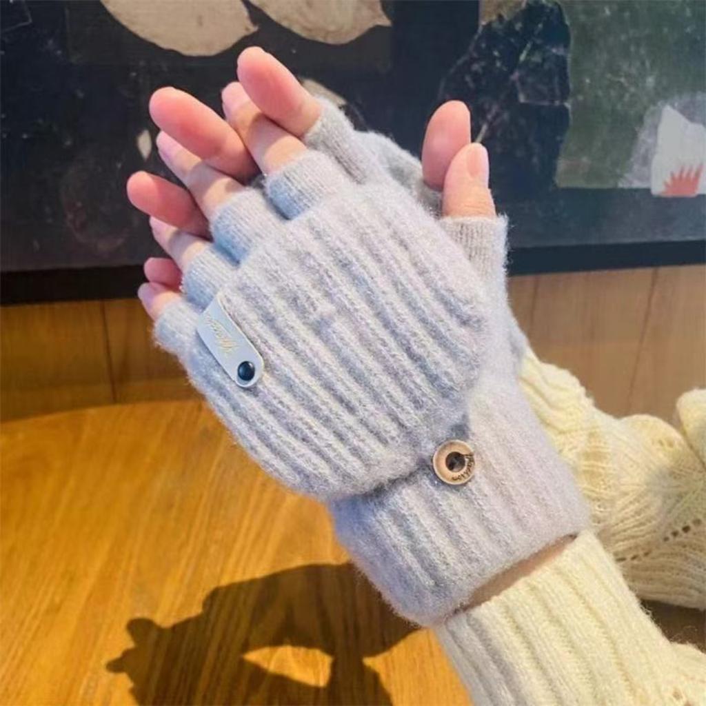 Winter Thick Half Finger Flip Gloves for Cute Women, Warm Cycling in Winter, Knitted for Students To Write and Type On