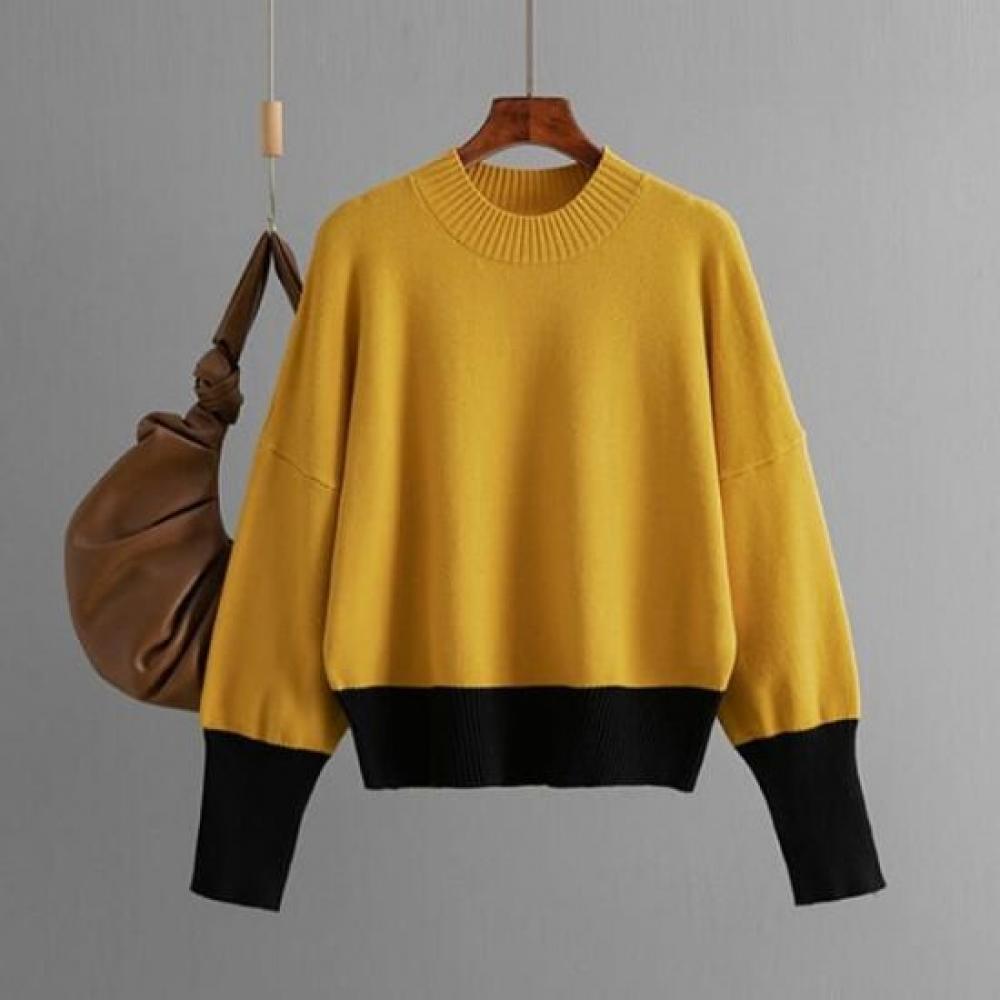 Navava Daily Simple Color Block Round Neck Long Sleeve Knit Tee Nk2678