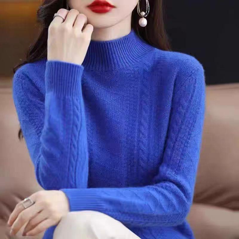 Half Turtleneck Sweater Thickened Knitted Sweater for Women In Autumn and Winter Solid-colored Top and Loose Warm Pullover