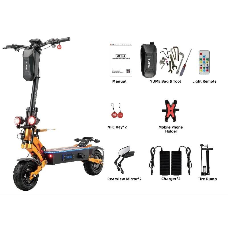 YUME X11+ EU Certifikovaná elektrická koloběžka, 6000W, Dva motory, 60V 27Ah Baterie, 11palcové pneumatiky, max. rychlost 95 km/h Tlumič řízení
