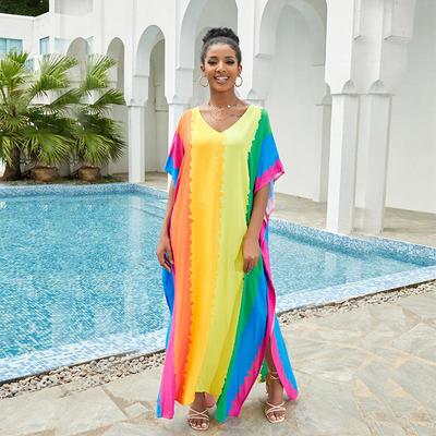Plus Size Bathing Cover Up Boho Colorful Printed Kaftan Dress Bat Sleeve Long Tops Wedding Guest Dress  Q1546