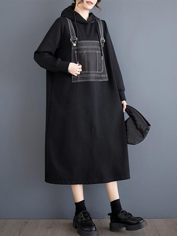 Xitao Loose Denim Patchwork Hooded Women Dress ZYY1030