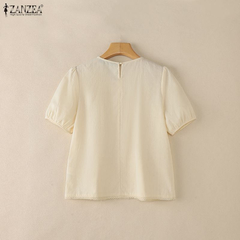 ZANZEA Damen Freizeit Rundhals Sommer Kurzarm Baumwollbluse