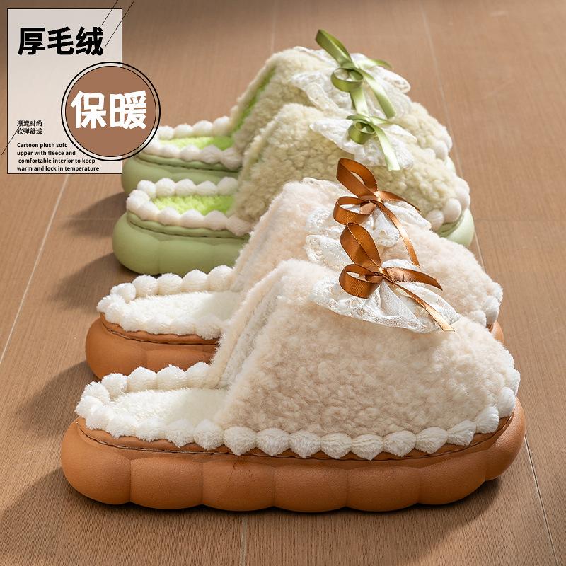 Bow cotton slippers autumn and winter warm and non-slip indoor home 2025 new thick-soled Mao Mao cotton shoes