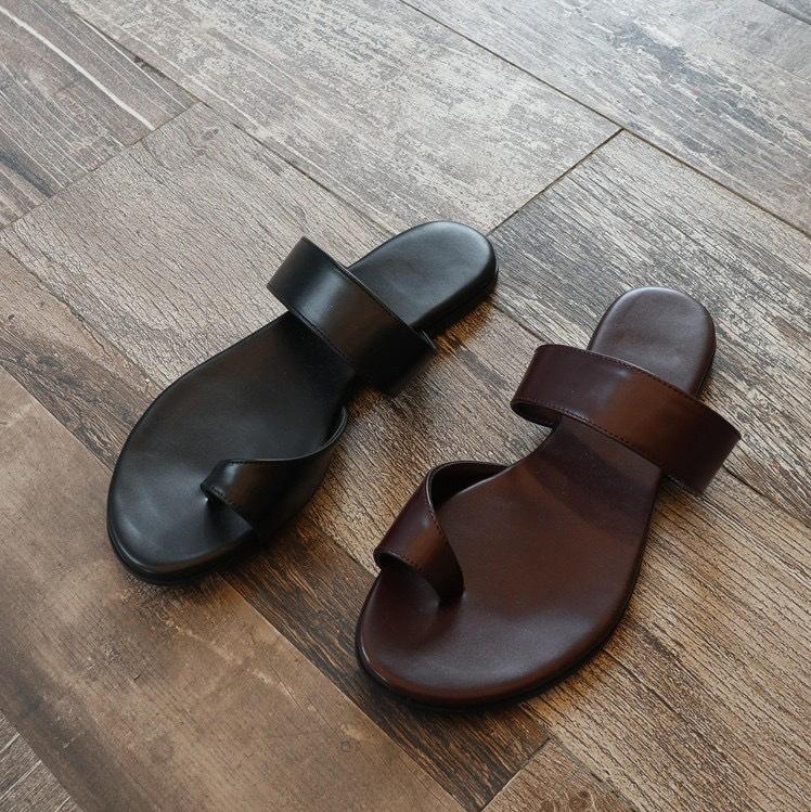 Genuine leather Korean version of simple set of toe slippers for women's outer wear summer new beach flat bottom with toe sandals half tray