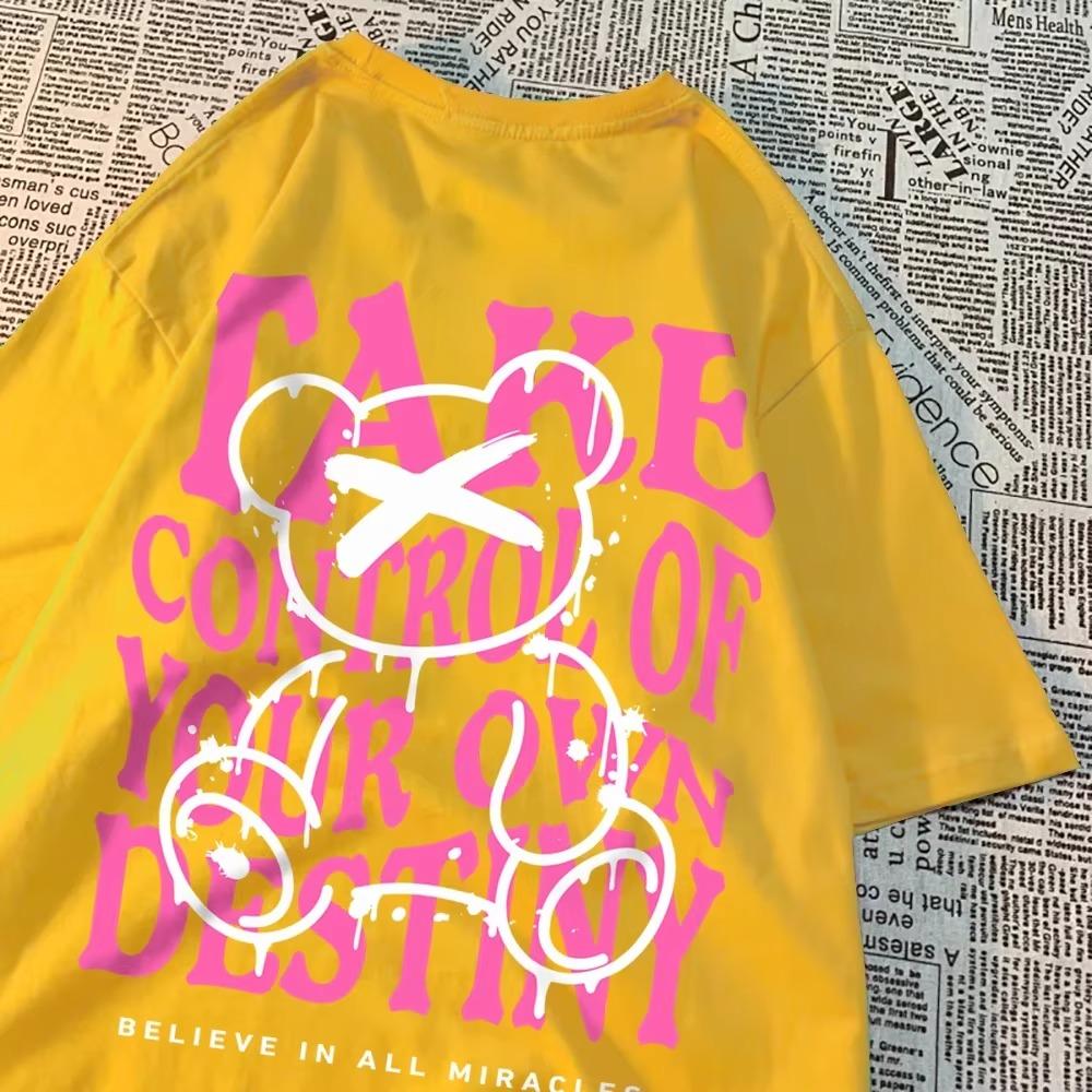 Take Control Of Your Own Destiny Pink Bear Clothes Men Vintage Oversized Casual Wears Couple Sweat Tshirts Summer Cotton T Shirt