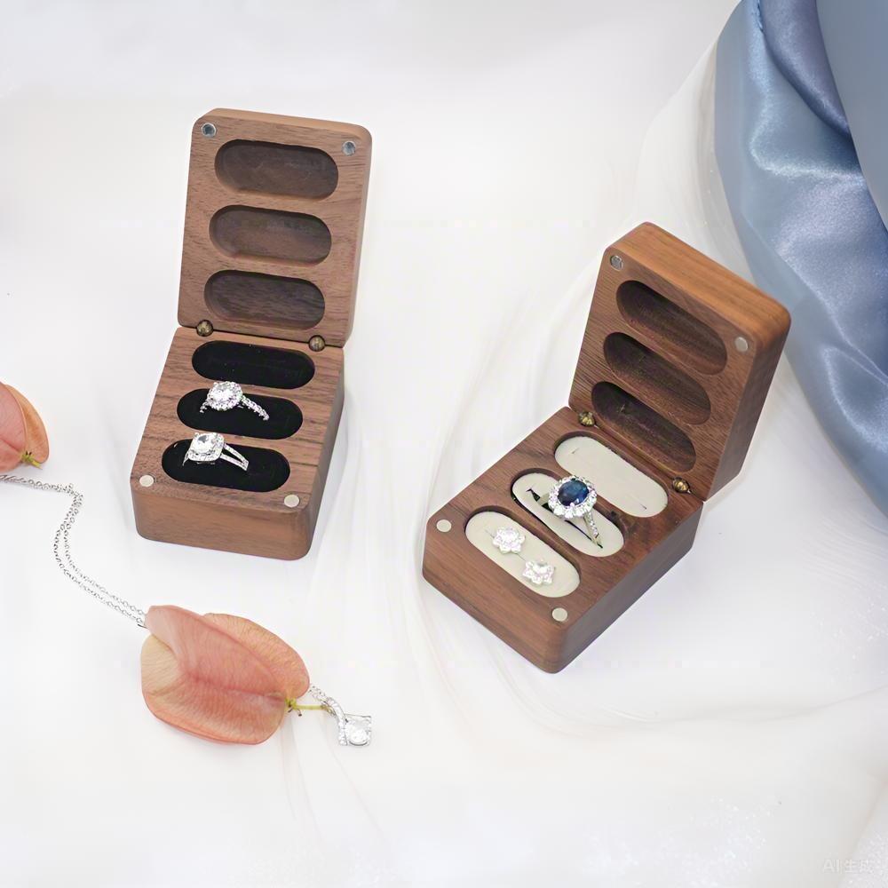 Black Walnut Wood Ring/Earring Storage Box, Three Anti-Oxidation Slots
